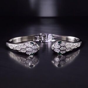 Snake Motif Green & White Simulated Diamonds Silver Cuff Bracelet🐍TREND SETTER